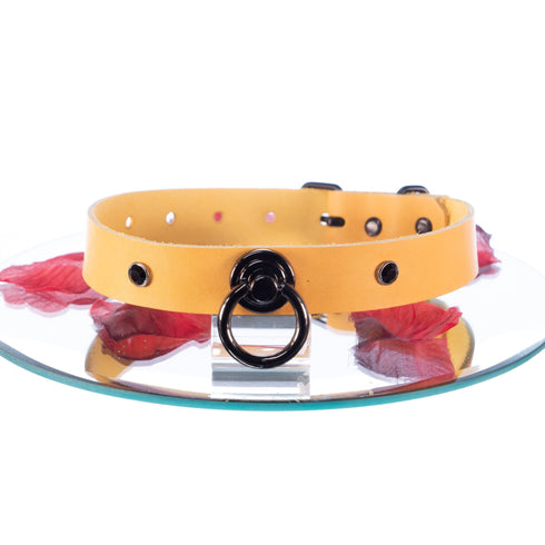 SiaLinda: BDSM Halsband Premium Vacchetta Leder aus Italien honig gelb, mit oder ohne Ring, Geschenkverpackung - SiaLinda.com